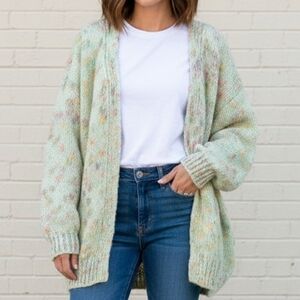 NEW  Cable Knit Cardigan Size M Mint Color Multicolor Pastel Colors Wool Baggy